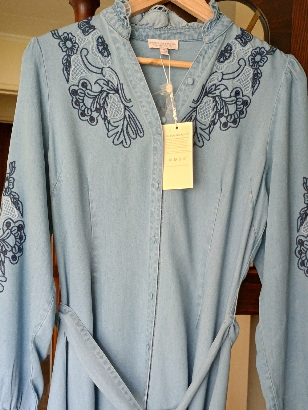 Secret Mission Lynn Embroidered Denim Maxi Dress Ruffle Neck Long Sleeve NWT M